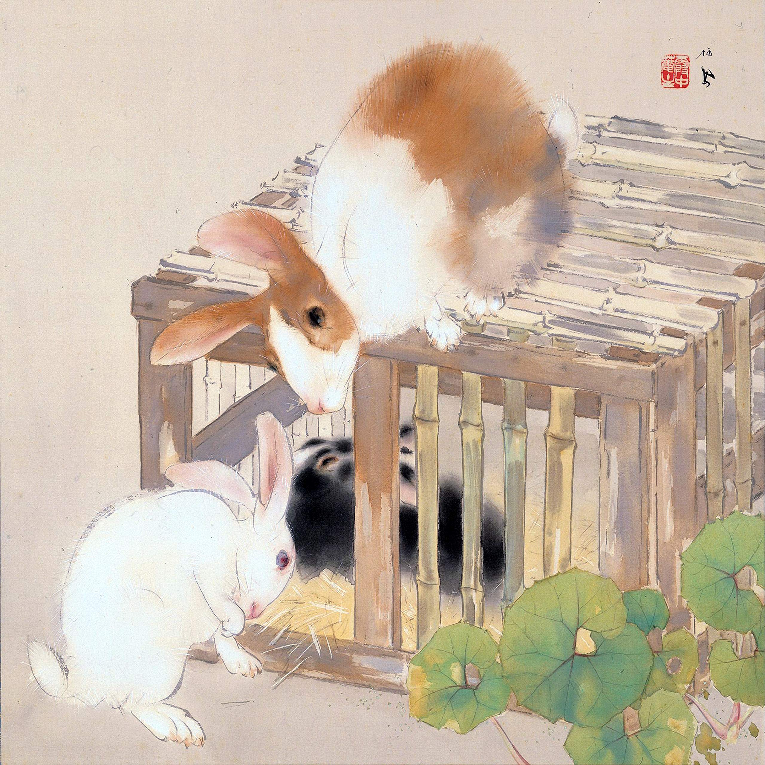 Japan Rabbits Animals Watercolor Painting by Takeuchi Seiho Accent